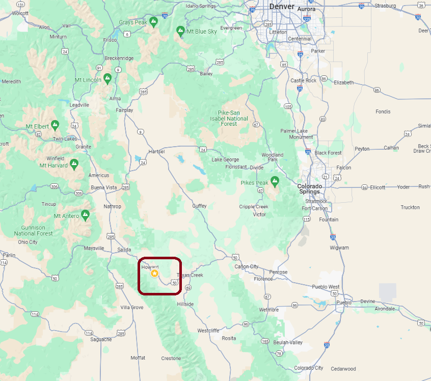 Pleasant Valley Map Distance1 Map of Central Colorado highlighting the Pleasant Valley Area.